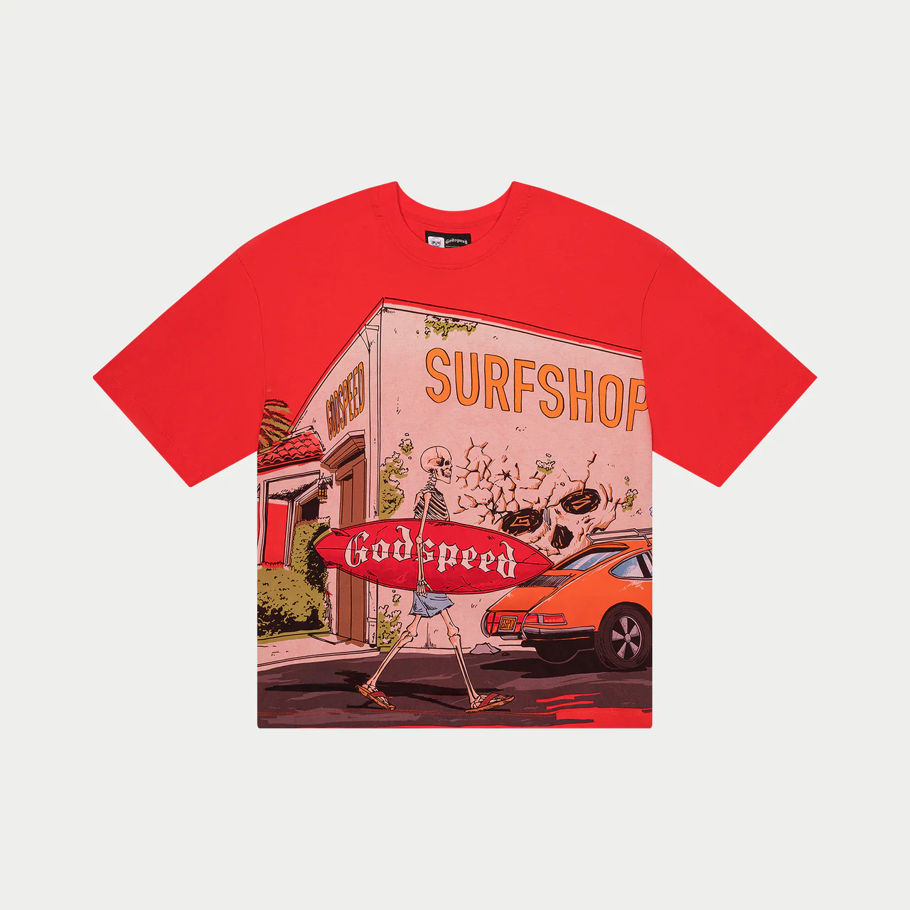godspeed gs surf shop tee red front view godspeed gs surf shop tee red front view