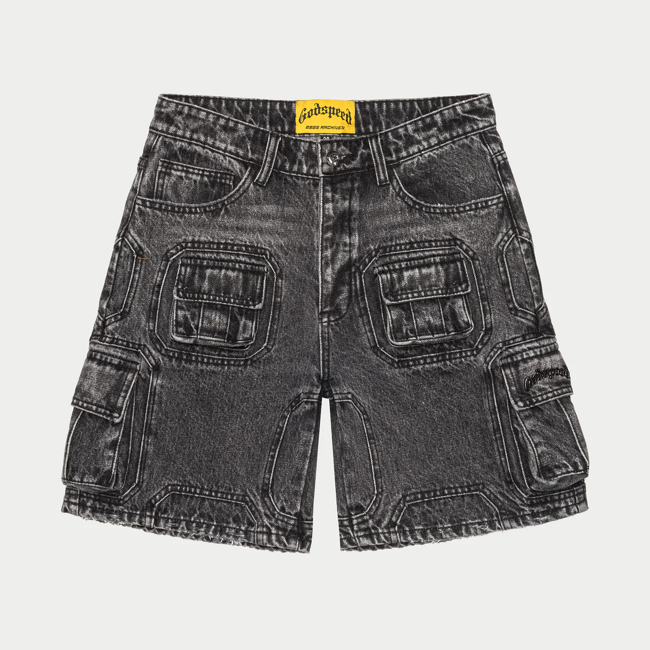 godspeed octagon cargo denim shorts grey wash front view godspeed octagon cargo denim shorts grey wash front view