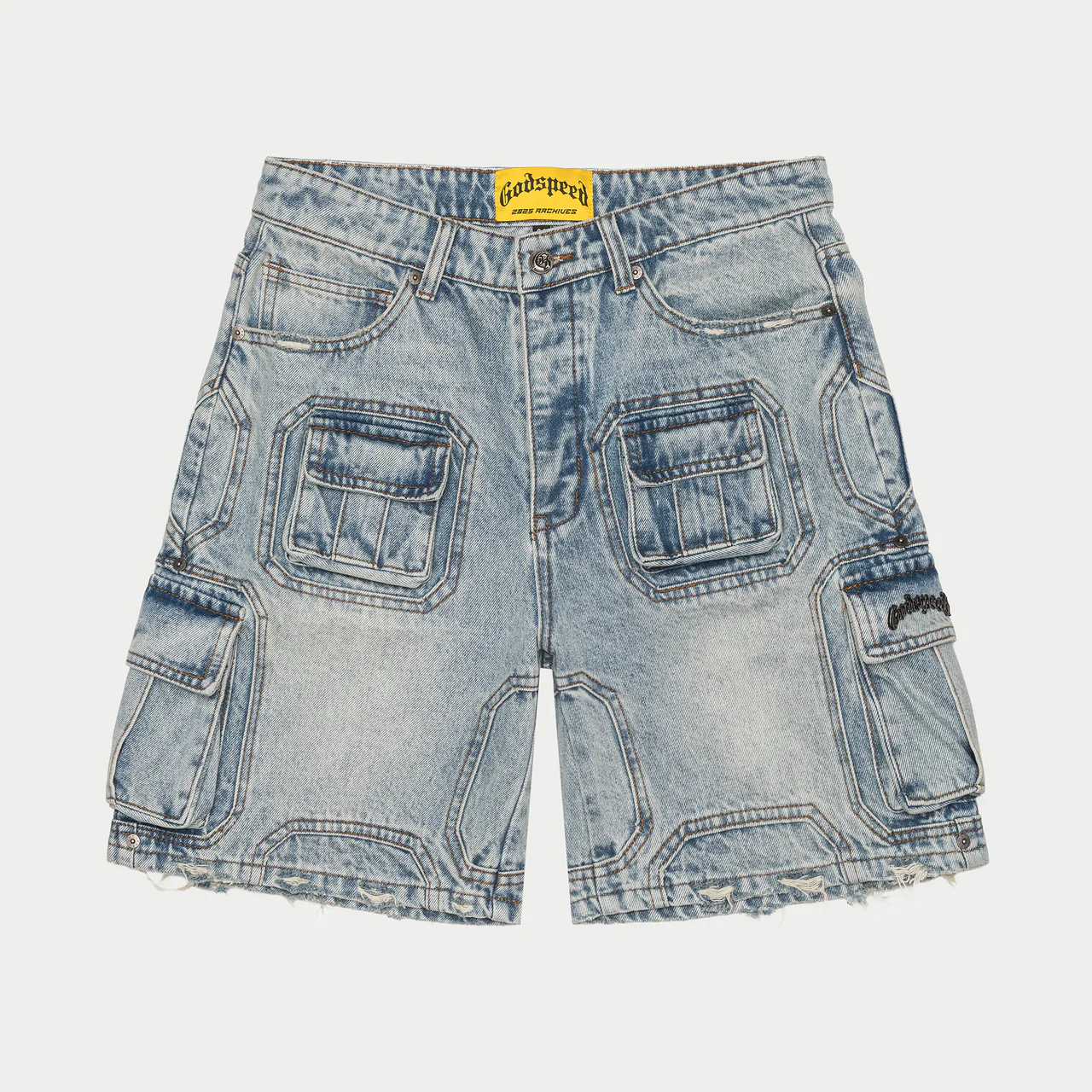 godspeed octagon cargo denim shorts blue front view godspeed octagon cargo denim shorts blue front view