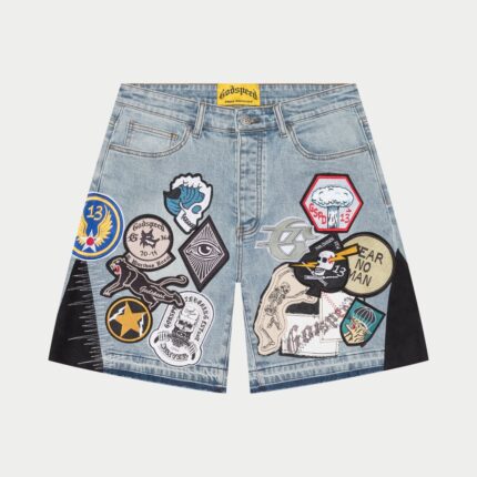Patchwork Denim Shorts V2 Blue front view