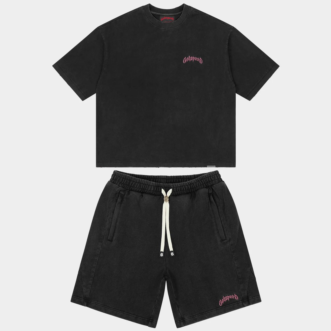 godspeed vital short set black wash pink logo front view godspeed vital short set black wash pink logo front view